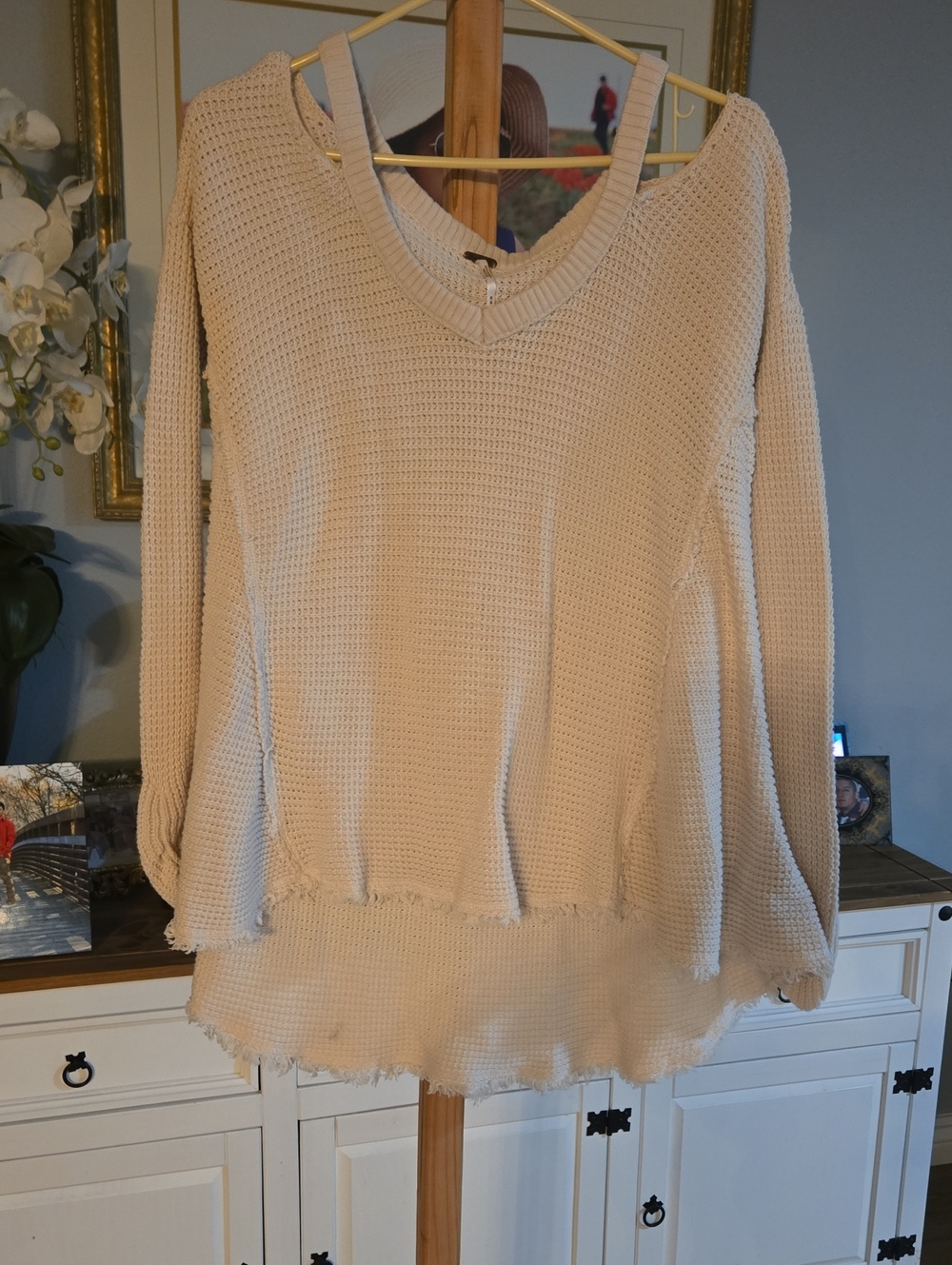 Free People Cream Waffle Knit V-Neck Sweater